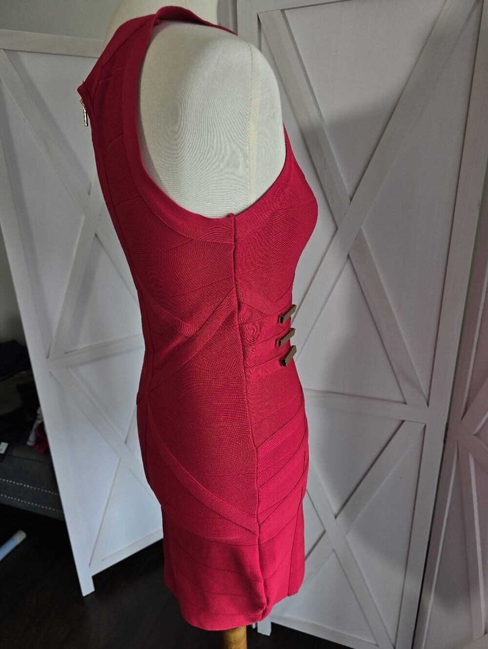Bebe Hot Red Sleeveless V-Neck Mini Dress with Decorative Gold Bars - Picture 6 of 10